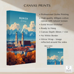 Munich Travel Print canvas print specifications: 400gsm cotton canvas, solid wood stretcher, 38mm depth, mirror wrap