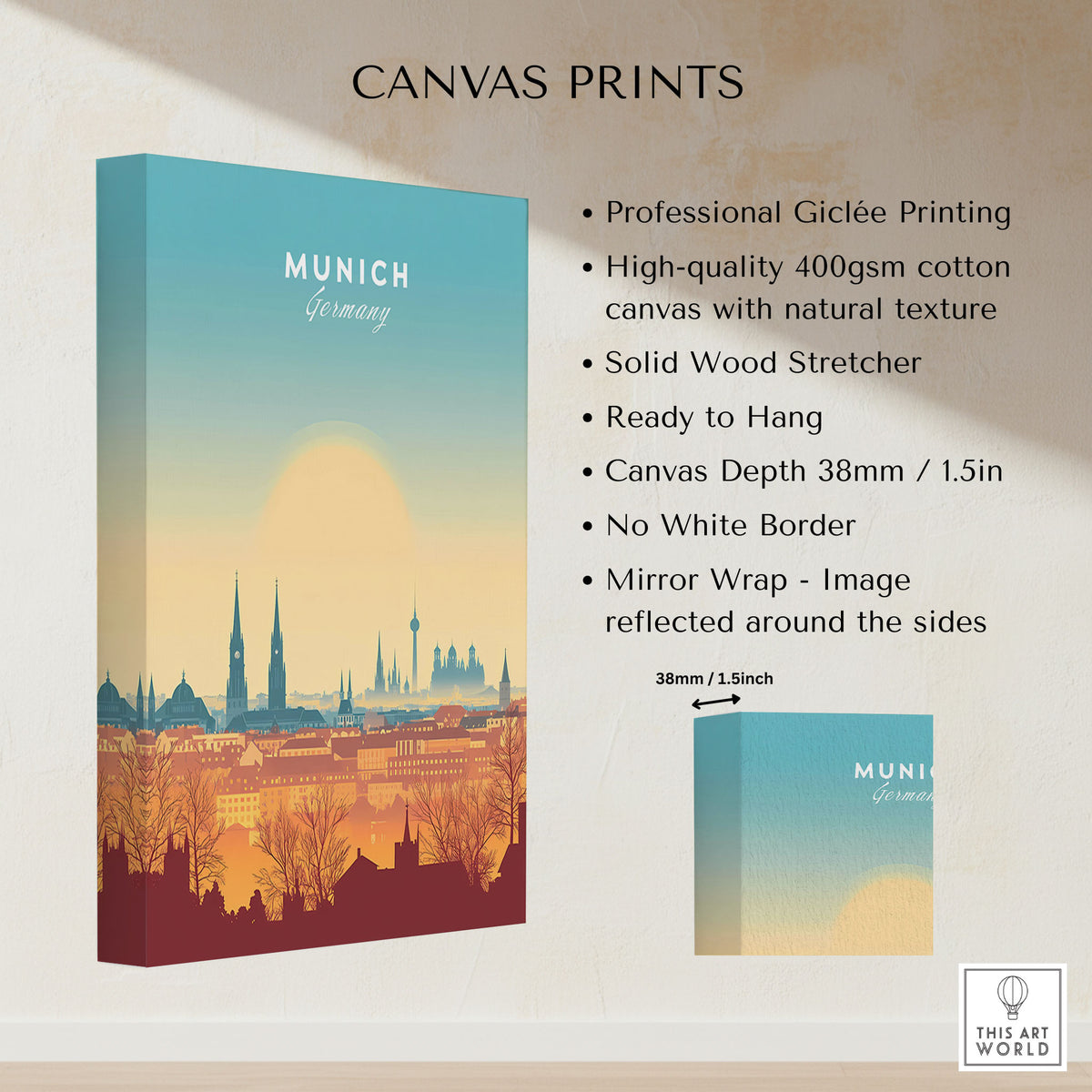 Munich Wall Art canvas print specifications: 400gsm cotton canvas, solid wood stretcher, 38mm depth, mirror wrap