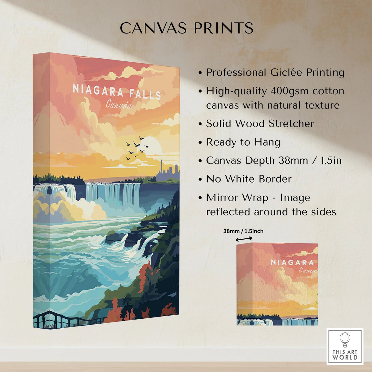 Niagara Falls Print canvas print specifications: 400gsm cotton canvas, solid wood stretcher, 38mm depth, mirror wrap