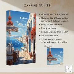 Paros Travel Poster canvas print specifications: 400gsm cotton canvas, solid wood stretcher, 38mm depth, mirror wrap
