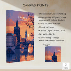 Prague Poster canvas print specifications: 400gsm cotton canvas, solid wood stretcher, 38mm depth, mirror wrap