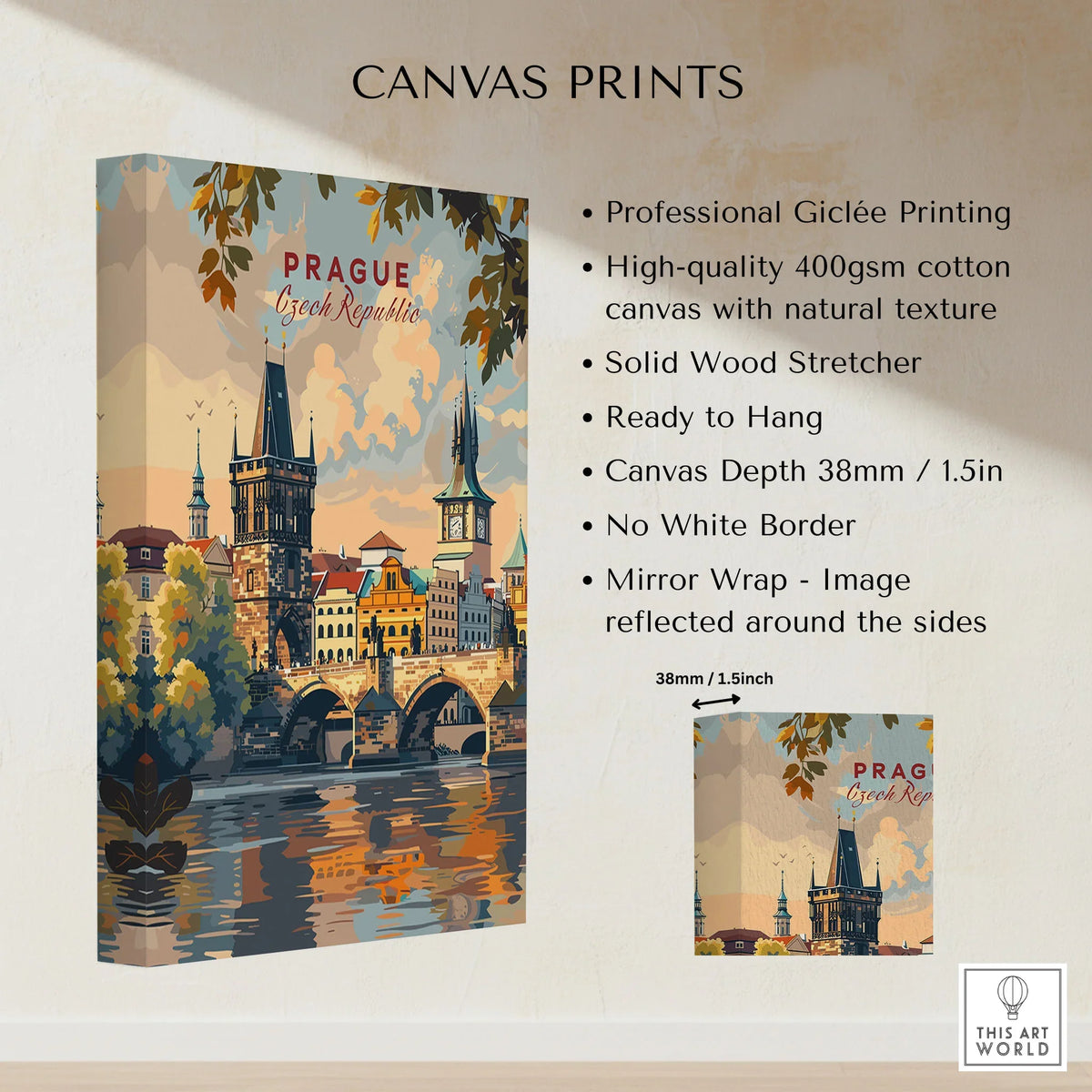 Prague Wall Art canvas print specifications: 400gsm cotton canvas, solid wood stretcher, 38mm depth, mirror wrap