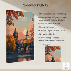 Prague Art Print canvas print specifications: 400gsm cotton canvas, solid wood stretcher, 38mm depth, mirror wrap