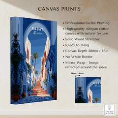 Rabat Morocco Blue Medina Travel Poster — a blue-washed medina lane and stone steps seen through a horseshoe arch, shown as canvas print stretched cotton canvas details