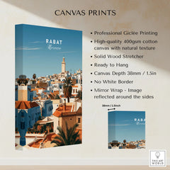 Rabat Morocco Medina Rooftops Travel Poster — medina rooftops and a pale minaret in late afternoon sun, shown as canvas print stretched cotton canvas details