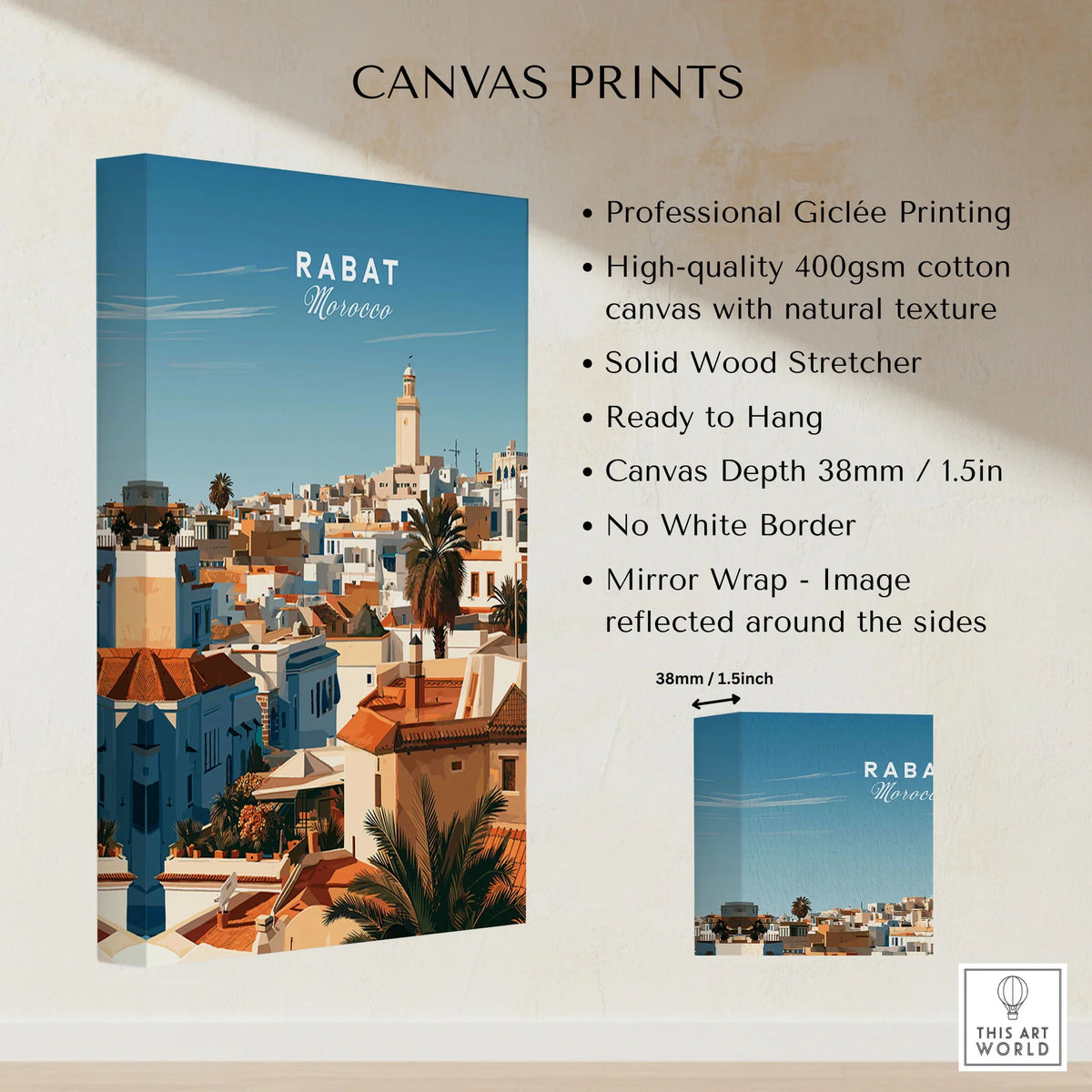 Rabat Morocco Medina Rooftops Travel Poster — medina rooftops and a pale minaret in late afternoon sun, shown as canvas print stretched cotton canvas details