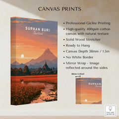 Suphan Buri Thailand Lotus Lake Travel Poster — a lotus-covered lake and temple spire at sunset beneath a mountain peak, shown as canvas print stretched cotton canvas details