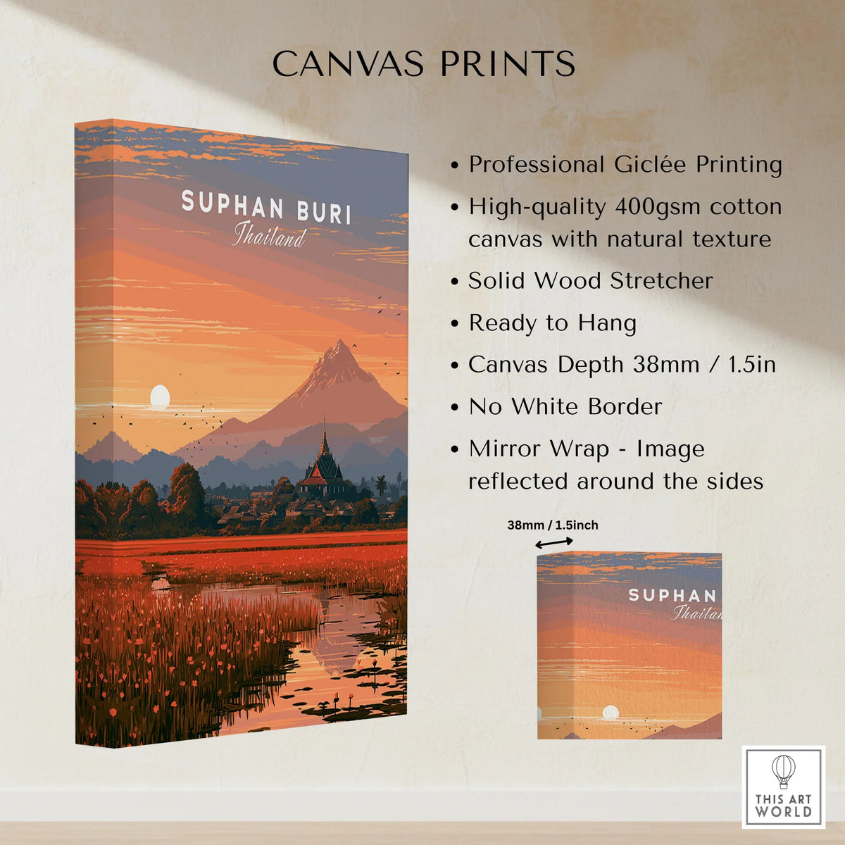 Suphan Buri Thailand Lotus Lake Travel Poster — a lotus-covered lake and temple spire at sunset beneath a mountain peak, shown as canvas print stretched cotton canvas details