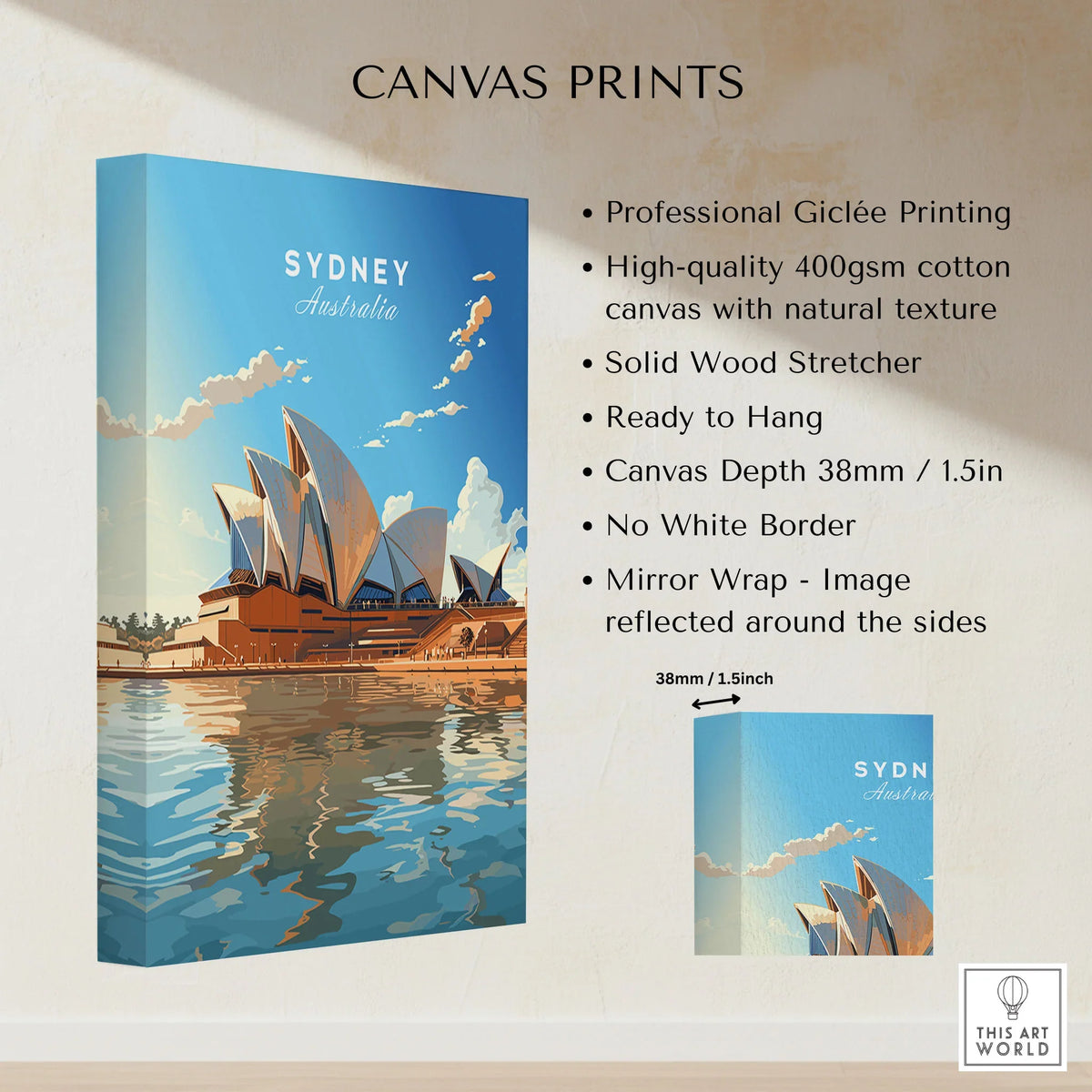 Sydney Poster Australia canvas print specifications: 400gsm cotton canvas, solid wood stretcher, 38mm depth, mirror wrap