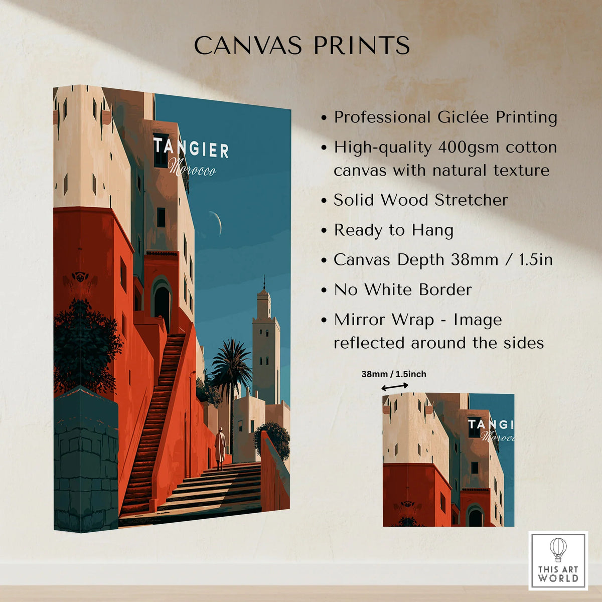 Tangier Morocco Kasbah Steps Travel Poster — coral kasbah steps climbing towards a minaret under a crescent moon, shown as canvas print stretched cotton canvas details