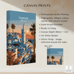 Tangier Morocco Sunset Medina Travel Poster — Tangier medina rooftops and a minaret above a bay dotted with sails, shown as canvas print stretched cotton canvas details