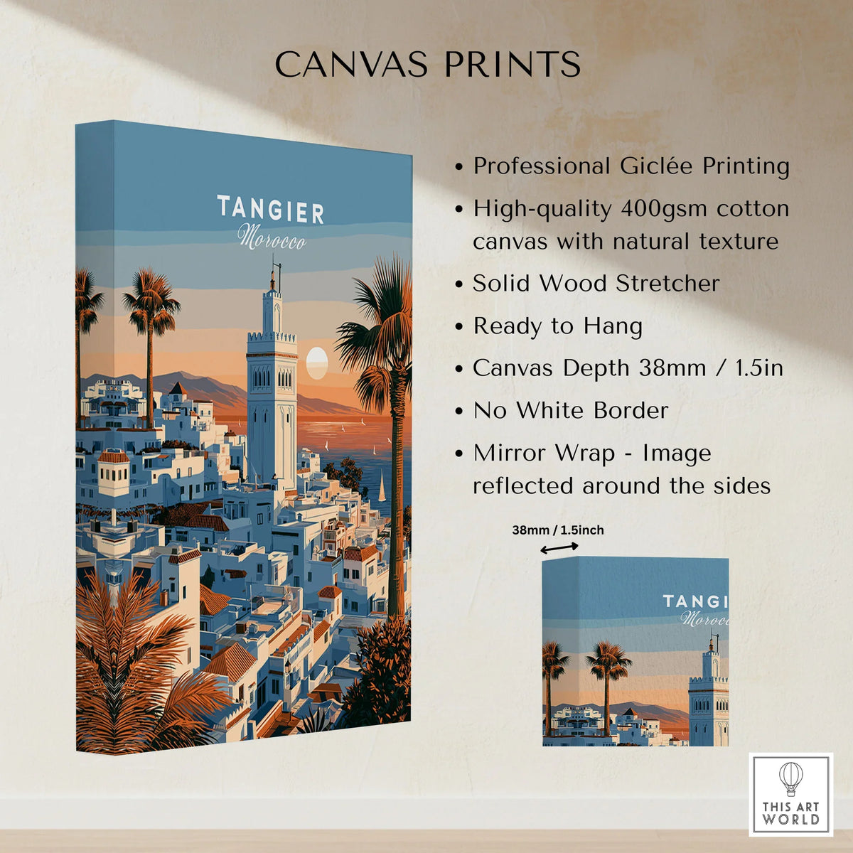 Tangier Morocco Sunset Medina Travel Poster — Tangier medina rooftops and a minaret above a bay dotted with sails, shown as canvas print stretched cotton canvas details