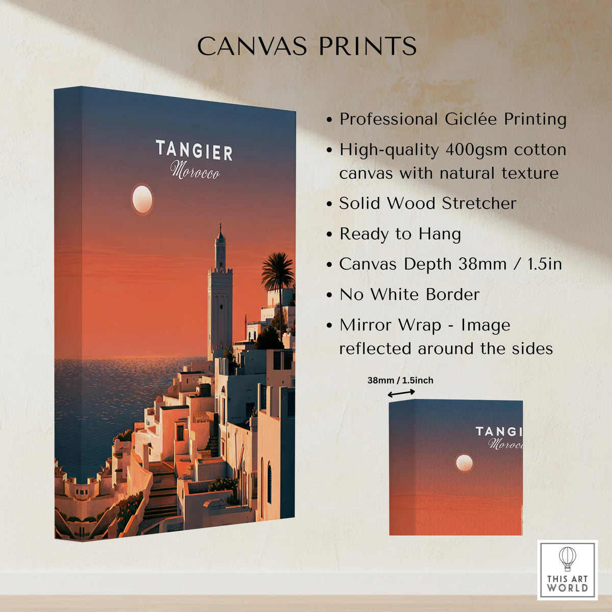Tangier Morocco Golden Hour Travel Poster — a whitewashed hillside town and minaret glowing above the sea at sunset, shown as canvas print stretched cotton canvas details