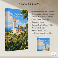 Tangier Morocco Cap Spartel Lighthouse Travel Poster — the Cap Spartel lighthouse above palm gardens and the blue strait, shown as canvas print stretched cotton canvas details