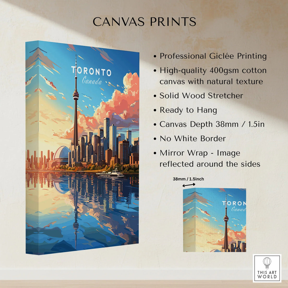 Toronto Poster canvas print specifications: 400gsm cotton canvas, solid wood stretcher, 38mm depth, mirror wrap
