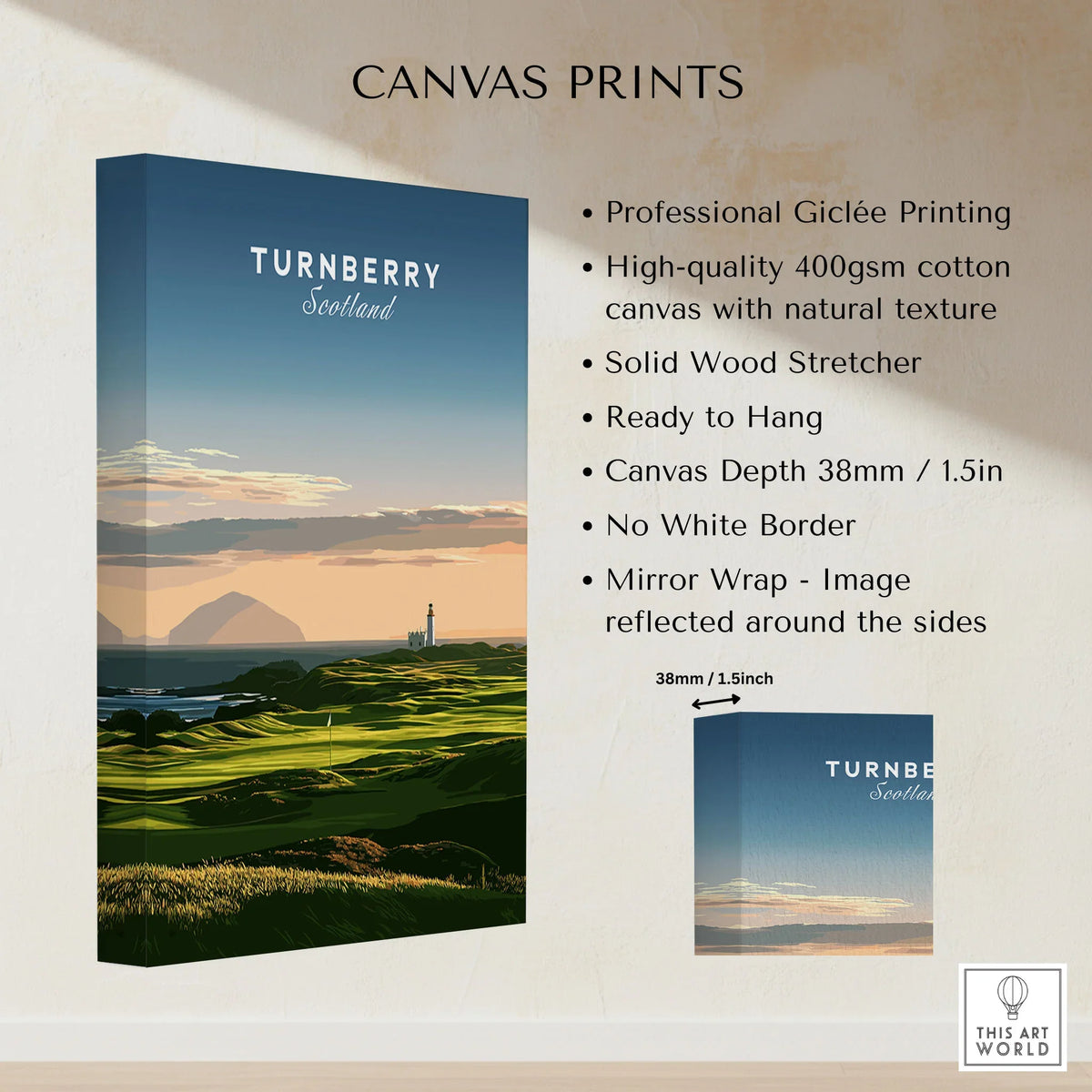Turnberry Scotland Ailsa Craig Travel Poster — Ailsa Craig and the white lighthouse across rolling coastal turf at dusk, shown as canvas print stretched cotton canvas details