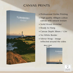 Turnberry Scotland Lighthouse Travel Poster — the Turnberry lighthouse above a rocky shore with the Arran hills beyond, shown as canvas print stretched cotton canvas details