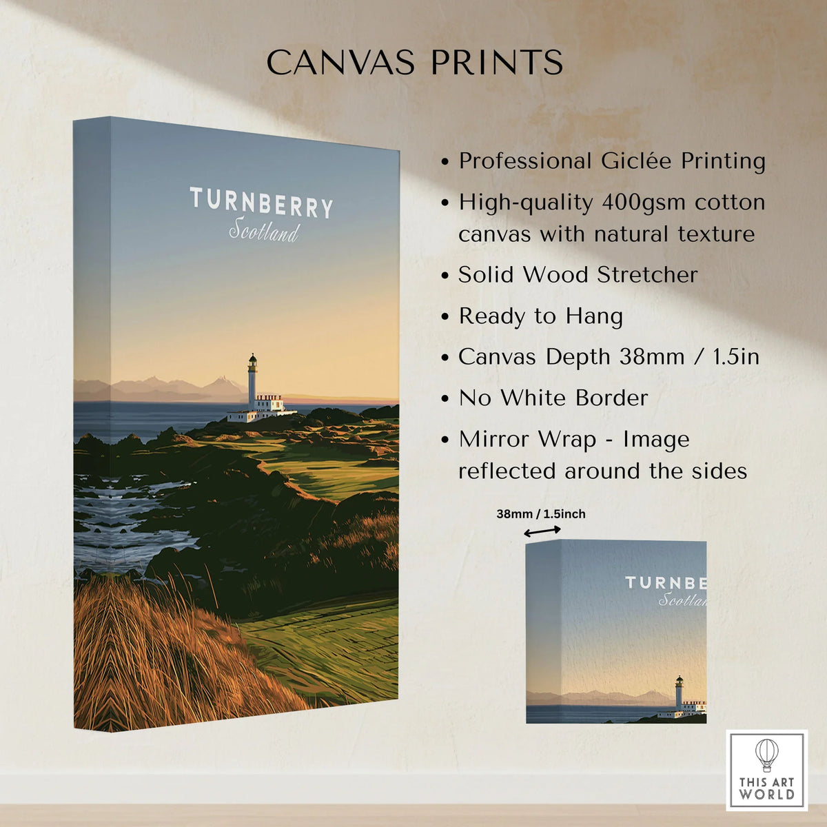 Turnberry Scotland Lighthouse Travel Poster — the Turnberry lighthouse above a rocky shore with the Arran hills beyond, shown as canvas print stretched cotton canvas details