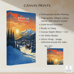 Whistler Wall Art Ski Print canvas print specifications: 400gsm cotton canvas, solid wood stretcher, 38mm depth, mirror wrap