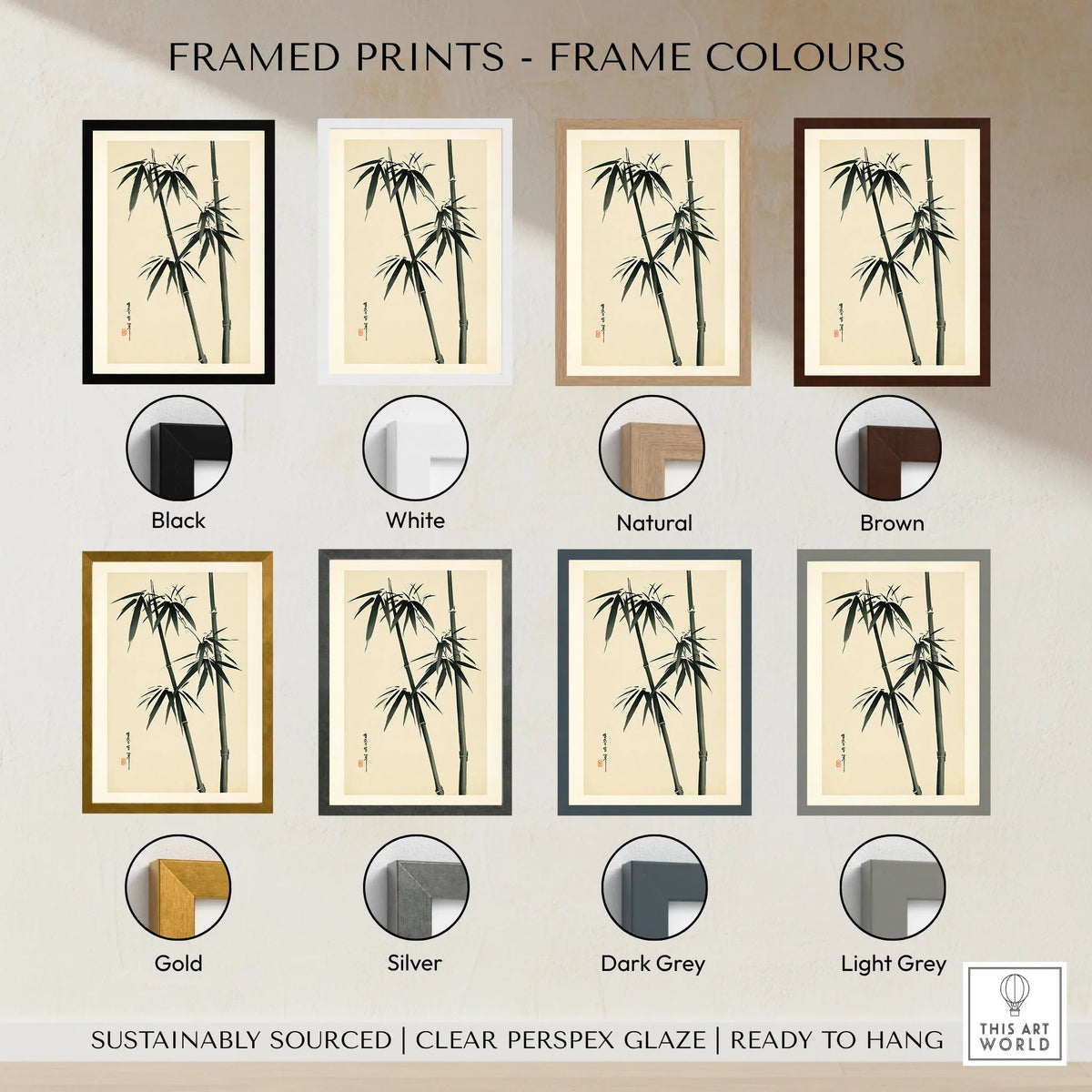 Bamboo Wall Art – Vintage Japanese Ink Print — framed print colour options