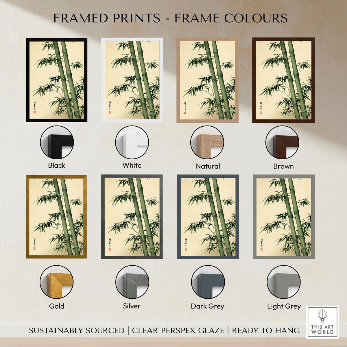 Bamboo Art Print – Green Japanese Botanical Wall Art — framed print colour options