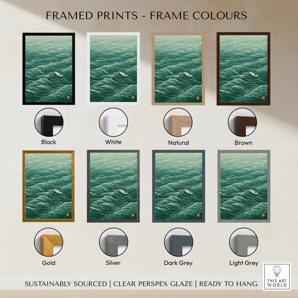 Lone Boat Art Print – Japanese Ocean Wall Art — framed print colour options