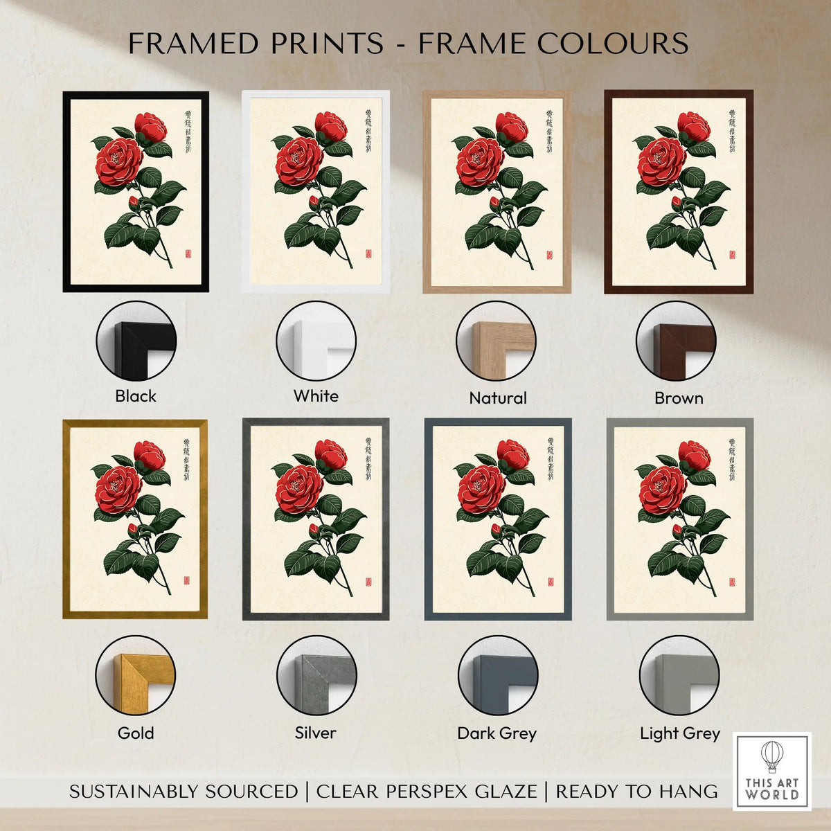 Red Camellia Art Print – Japanese Botanical Wall Art — framed print colour options