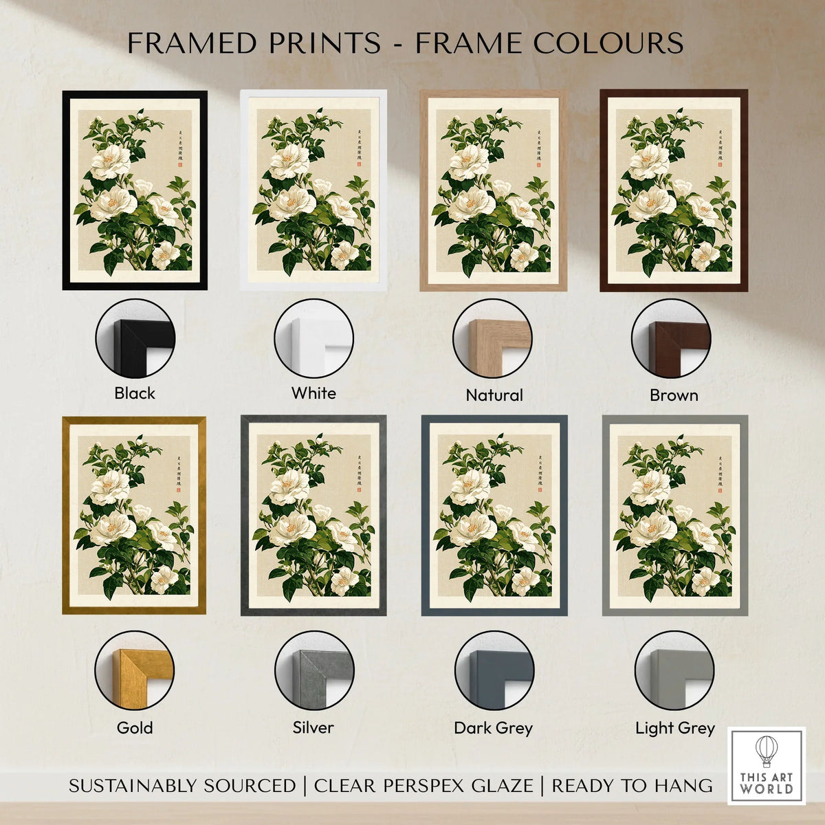 White Camellia Art Print – Vintage Japanese Botanical Wall Art — framed print colour options