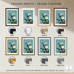Camellia Wall Art – Blue Japanese Botanical Print — framed print colour options