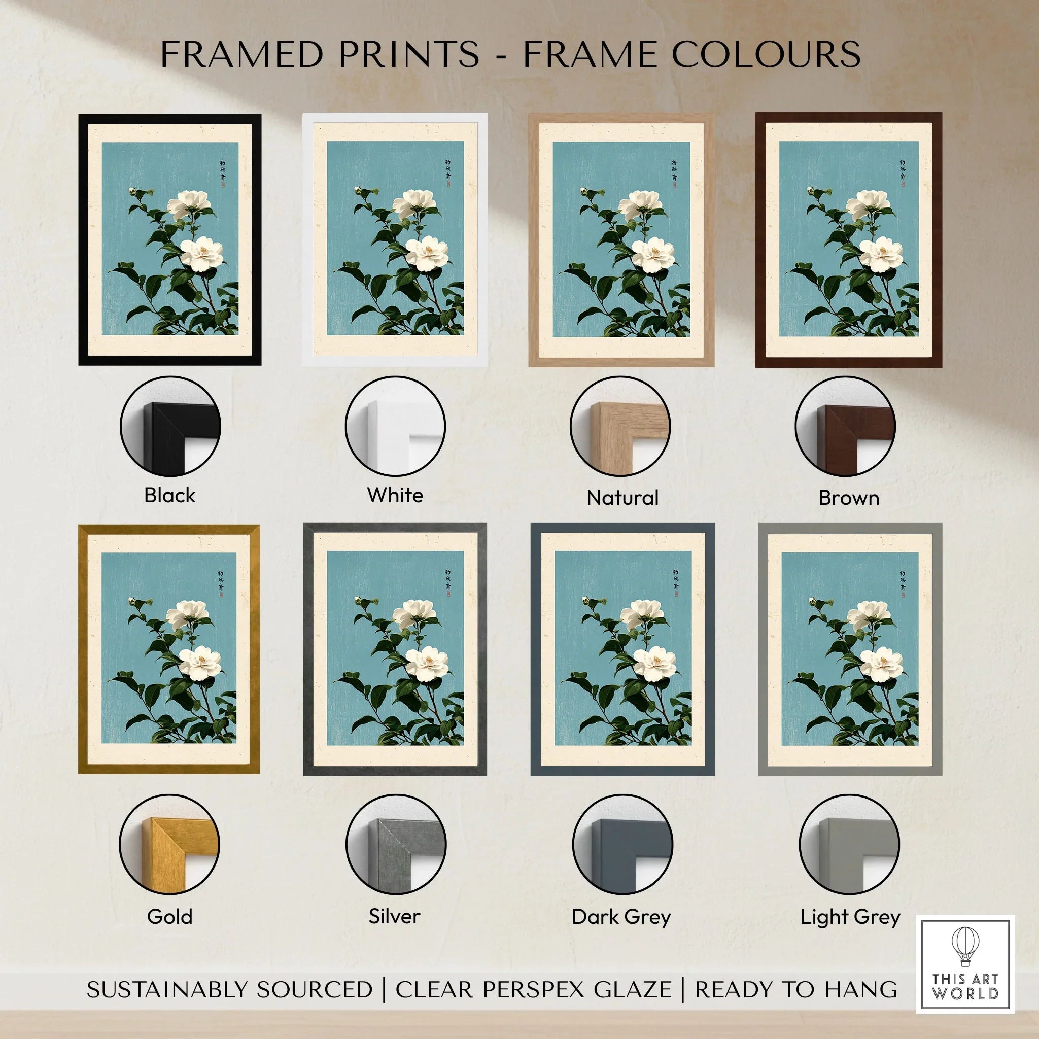 Camellia Wall Art – Blue Japanese Botanical Print — framed print colour options