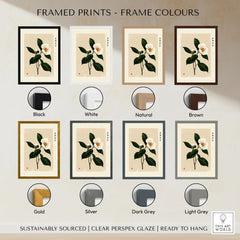 White Camellia Wall Art – Minimalist Japanese Botanical Print — framed print colour options