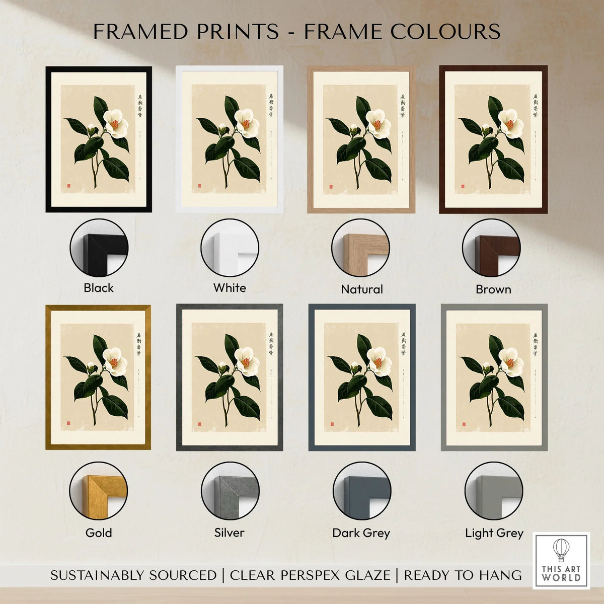 White Camellia Wall Art – Minimalist Japanese Botanical Print — framed print colour options