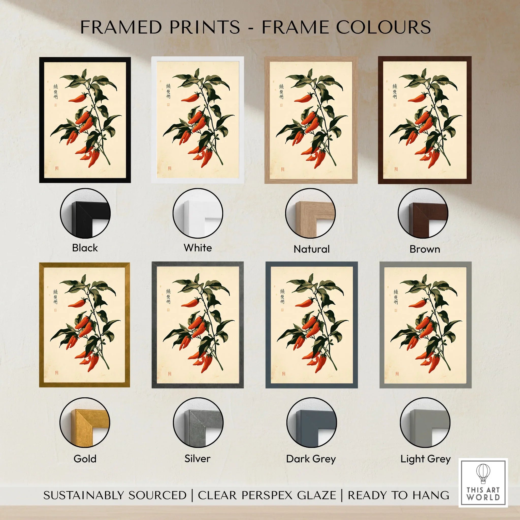 Red Chilli Art Print – Japanese Botanical Kitchen Wall Art — framed print colour options
