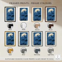 Chrysanthemum Art Print – Blue Japanese Botanical Wall Art — framed print colour options