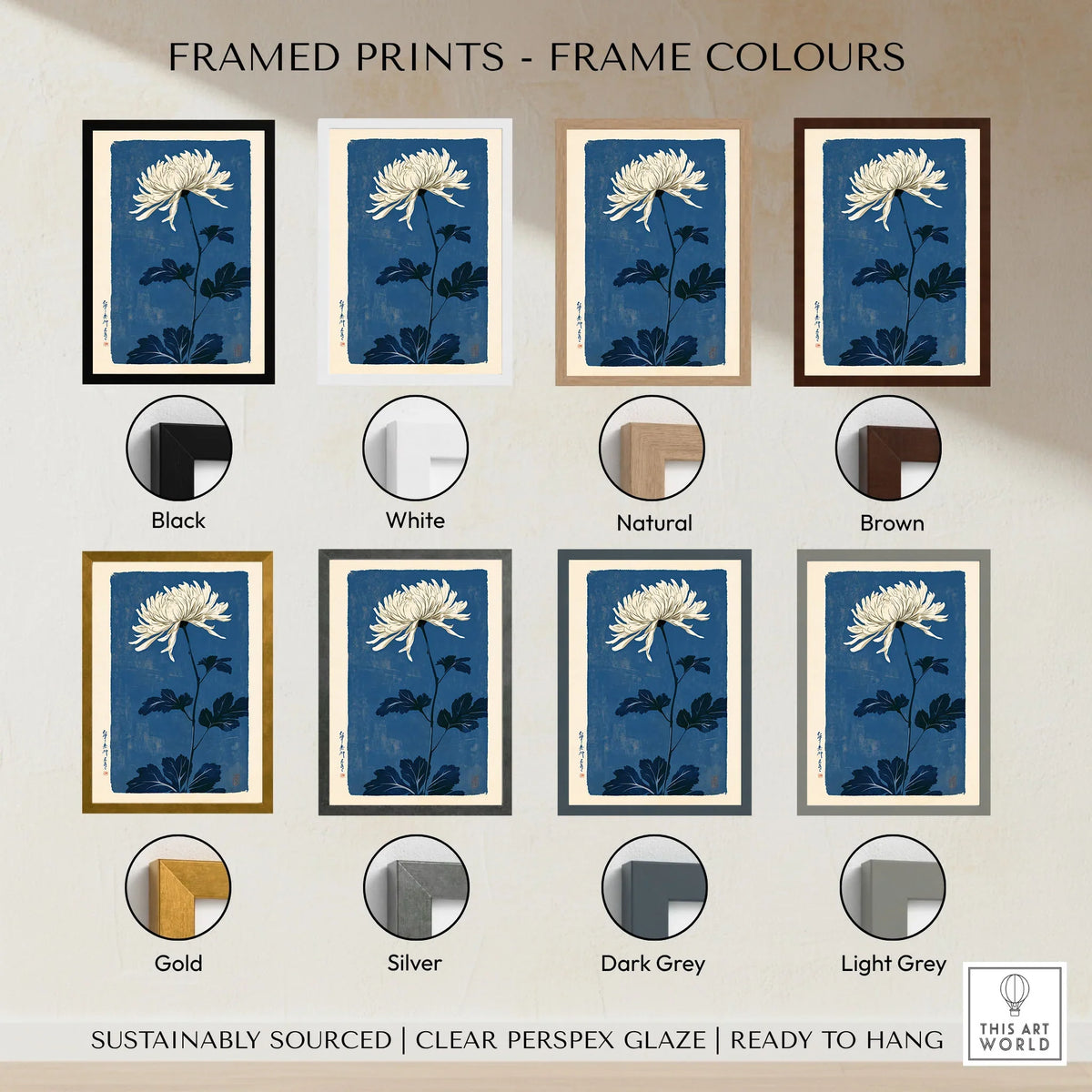 Chrysanthemum Art Print – Blue Japanese Botanical Wall Art — framed print colour options
