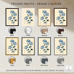 Blue Chrysanthemum Art Print – Japanese Botanical Wall Art — framed print colour options