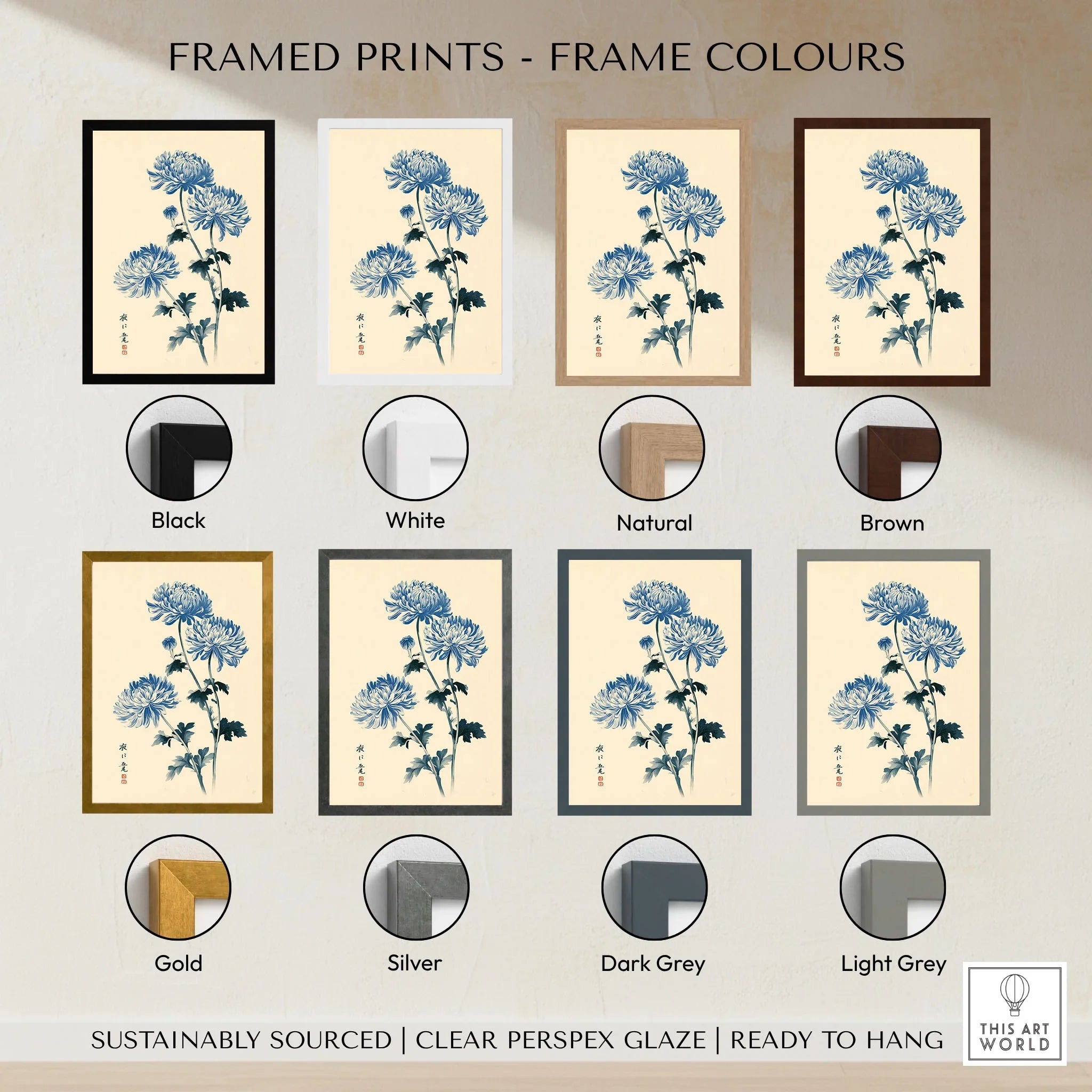 Blue Chrysanthemum Art Print – Japanese Botanical Wall Art — framed print colour options