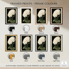 White Chrysanthemum Wall Art – Black Japanese Botanical Print — framed print colour options