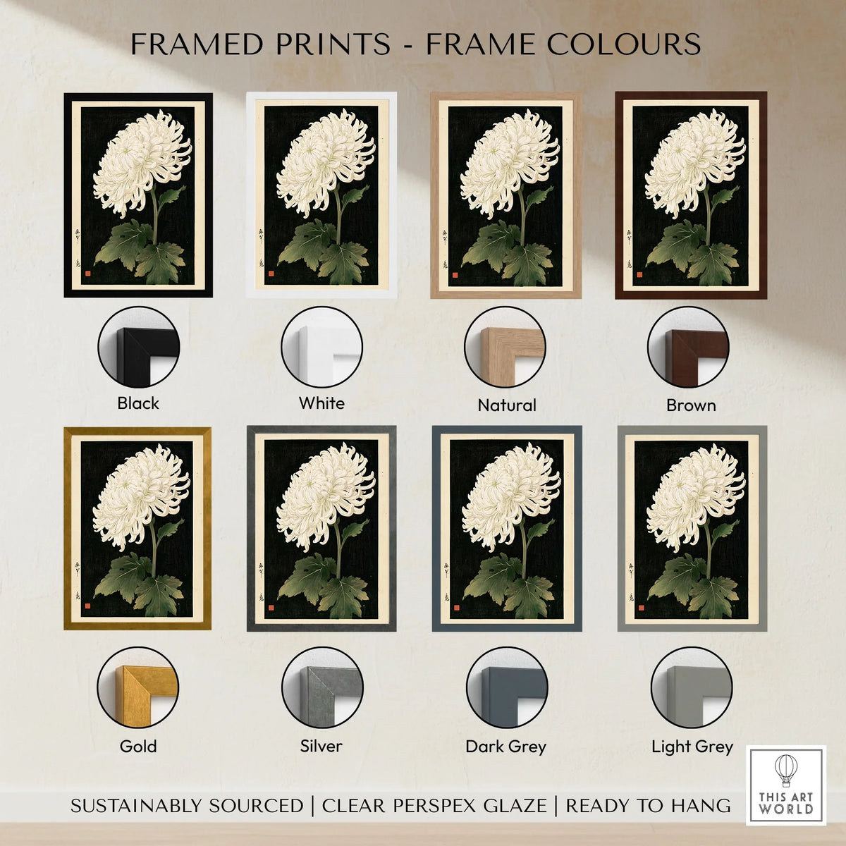 White Chrysanthemum Wall Art – Black Japanese Botanical Print — framed print colour options