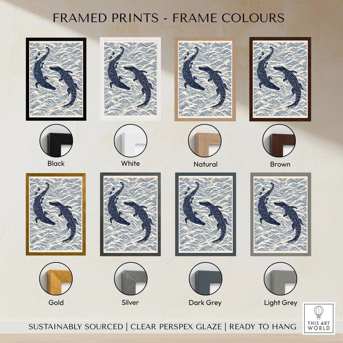 Crocodile Art Print – Blue Japanese Woodblock Wall Art — framed print colour options