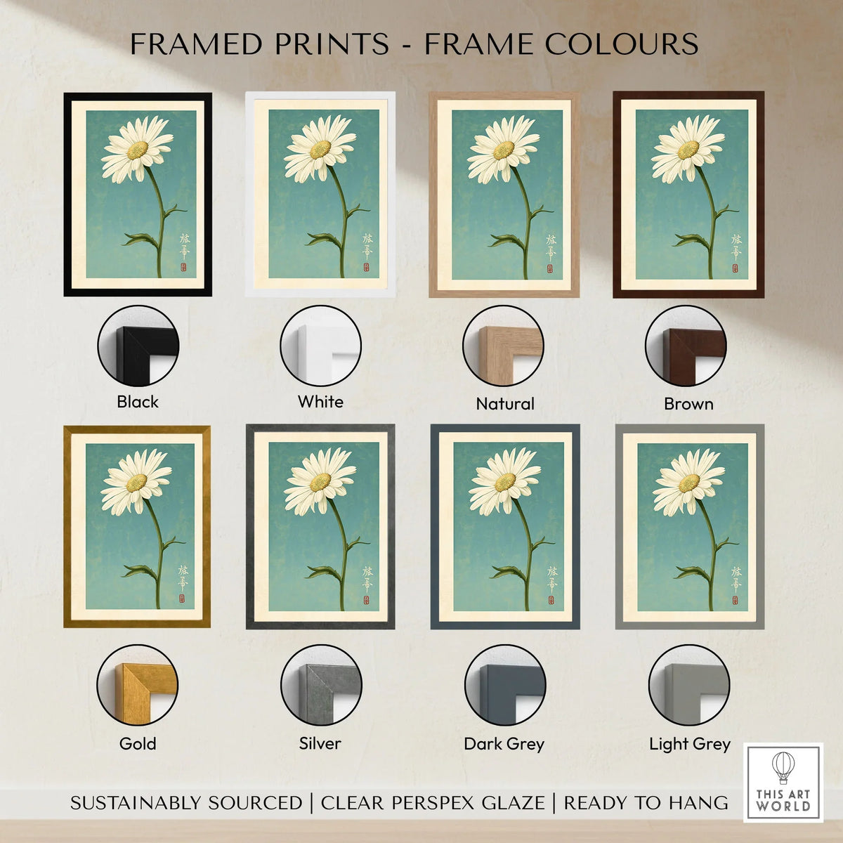 Daisy Art Print – Blue Japanese Botanical Wall Art — framed print colour options