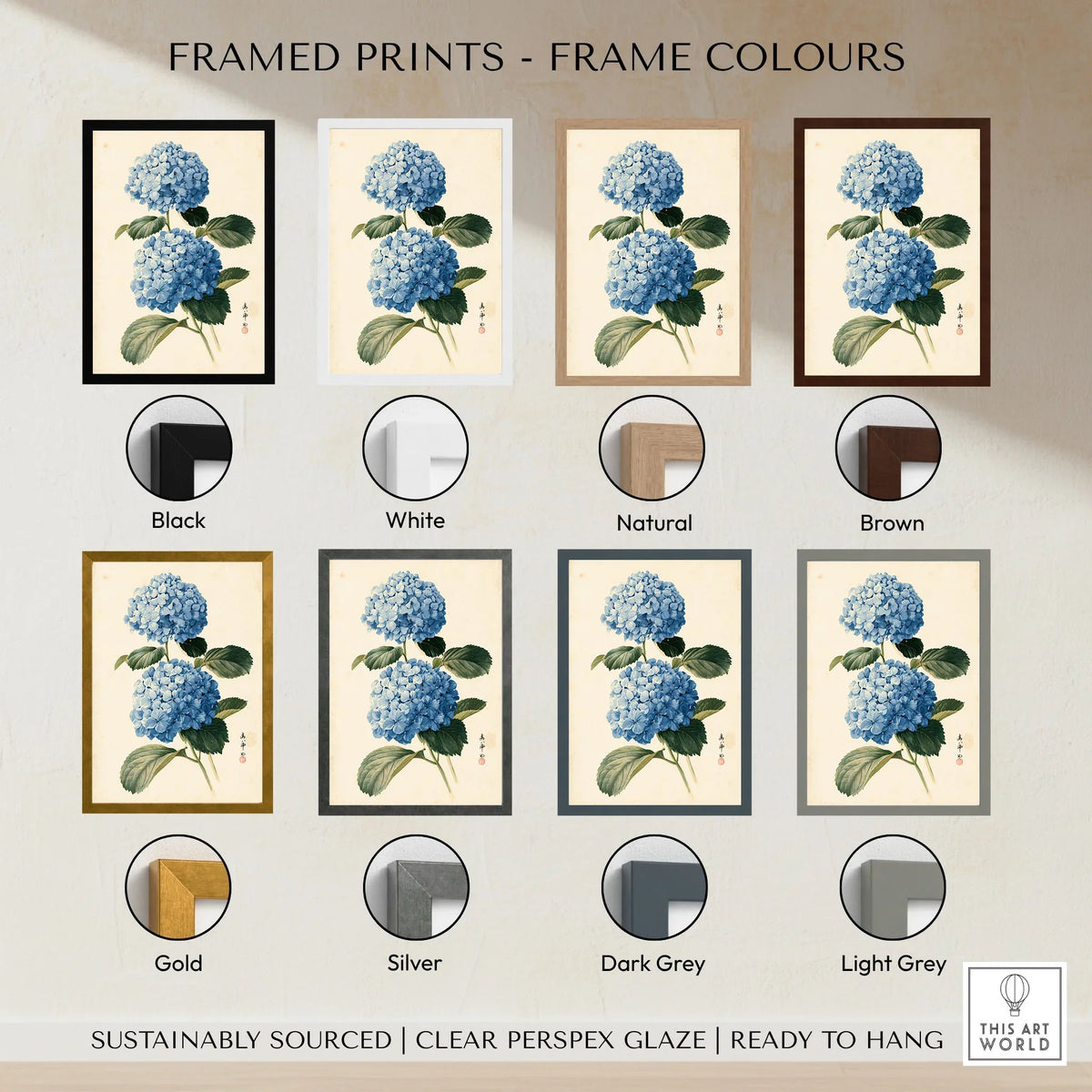 Blue Hydrangea Art Print – Japanese Botanical Wall Art — framed print colour options