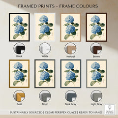 Blue Hydrangea Art Print – Japanese Botanical Wall Art — framed print colour options