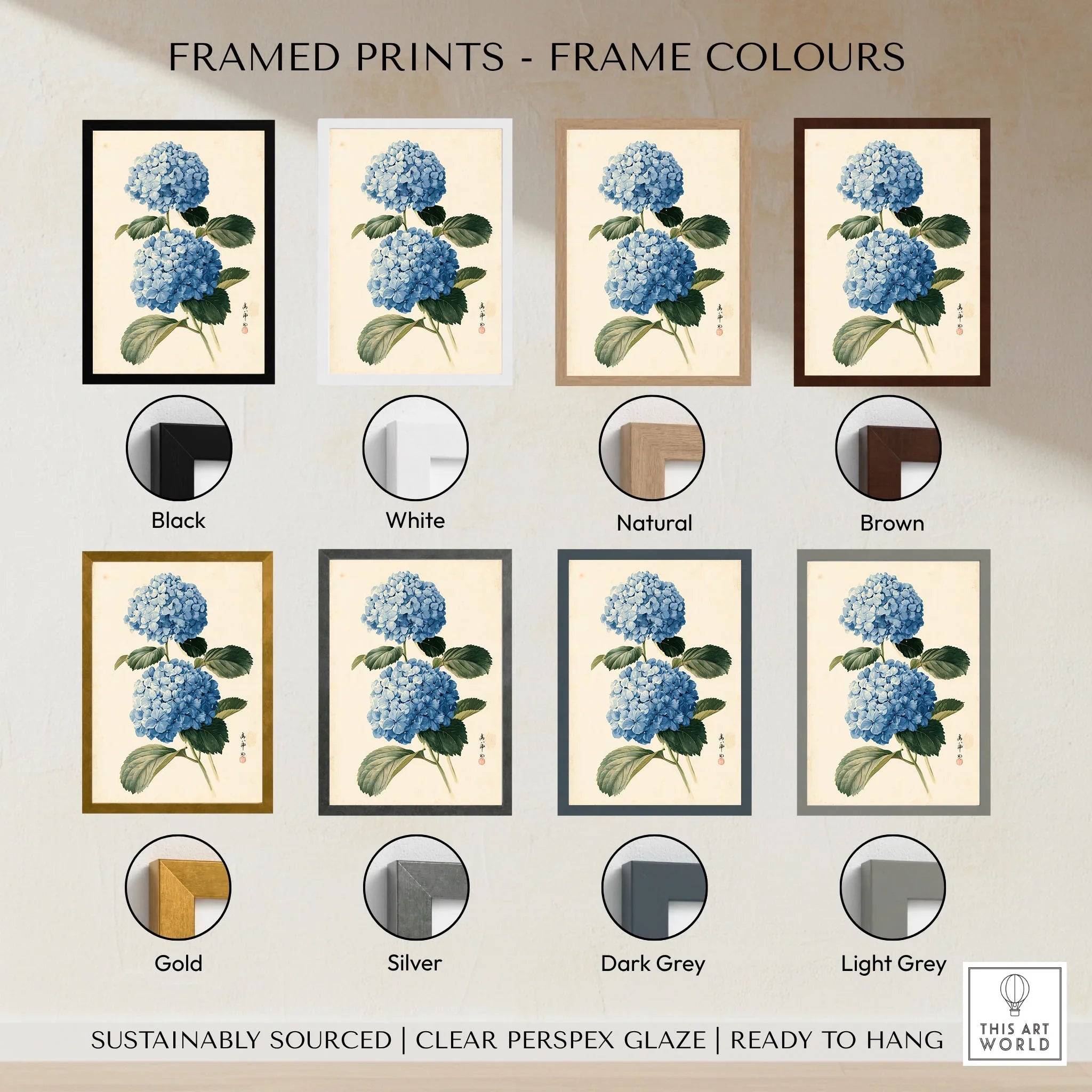 Blue Hydrangea Art Print – Japanese Botanical Wall Art — framed print colour options