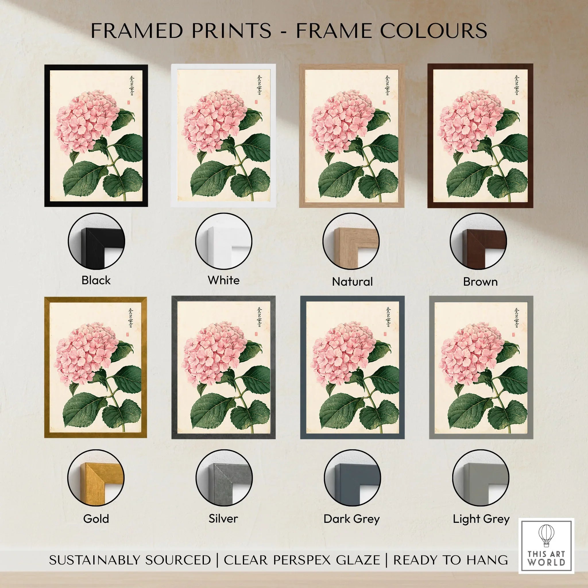 Pink Hydrangea Art Print – Vintage Japanese Botanical Wall Art — framed print colour options