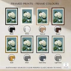 White Hydrangea Wall Art – Blue Japanese Botanical Print — framed print colour options