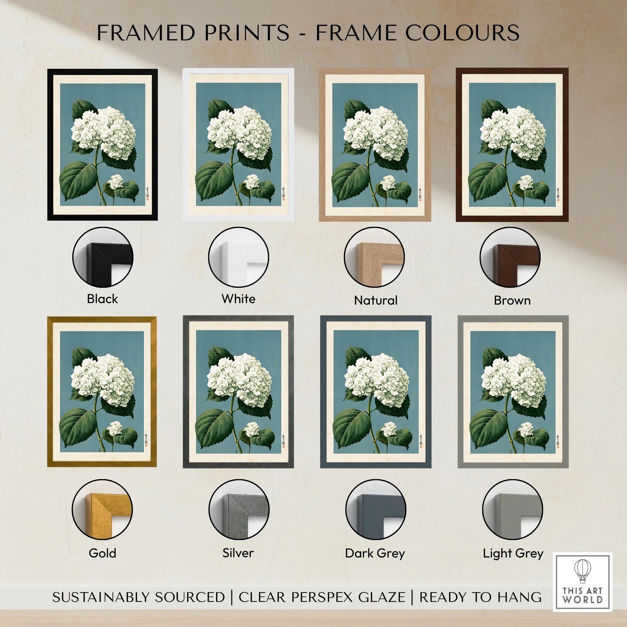 White Hydrangea Wall Art – Blue Japanese Botanical Print — framed print colour options