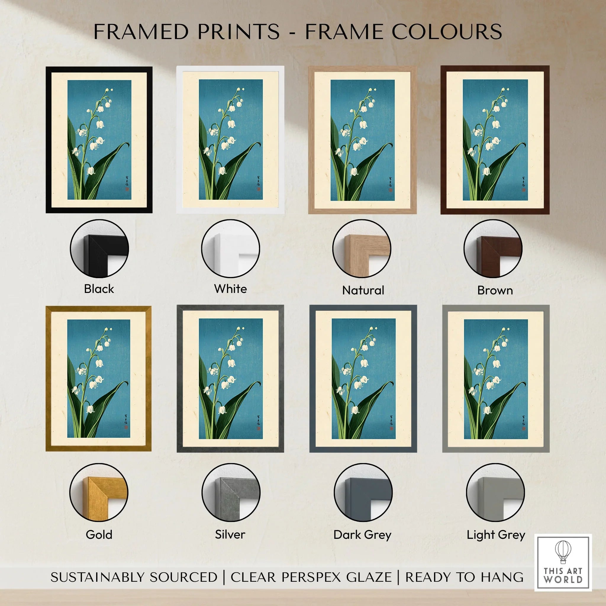 Lily of the Valley Art Print – Blue Japanese Botanical Wall Art — framed print colour options