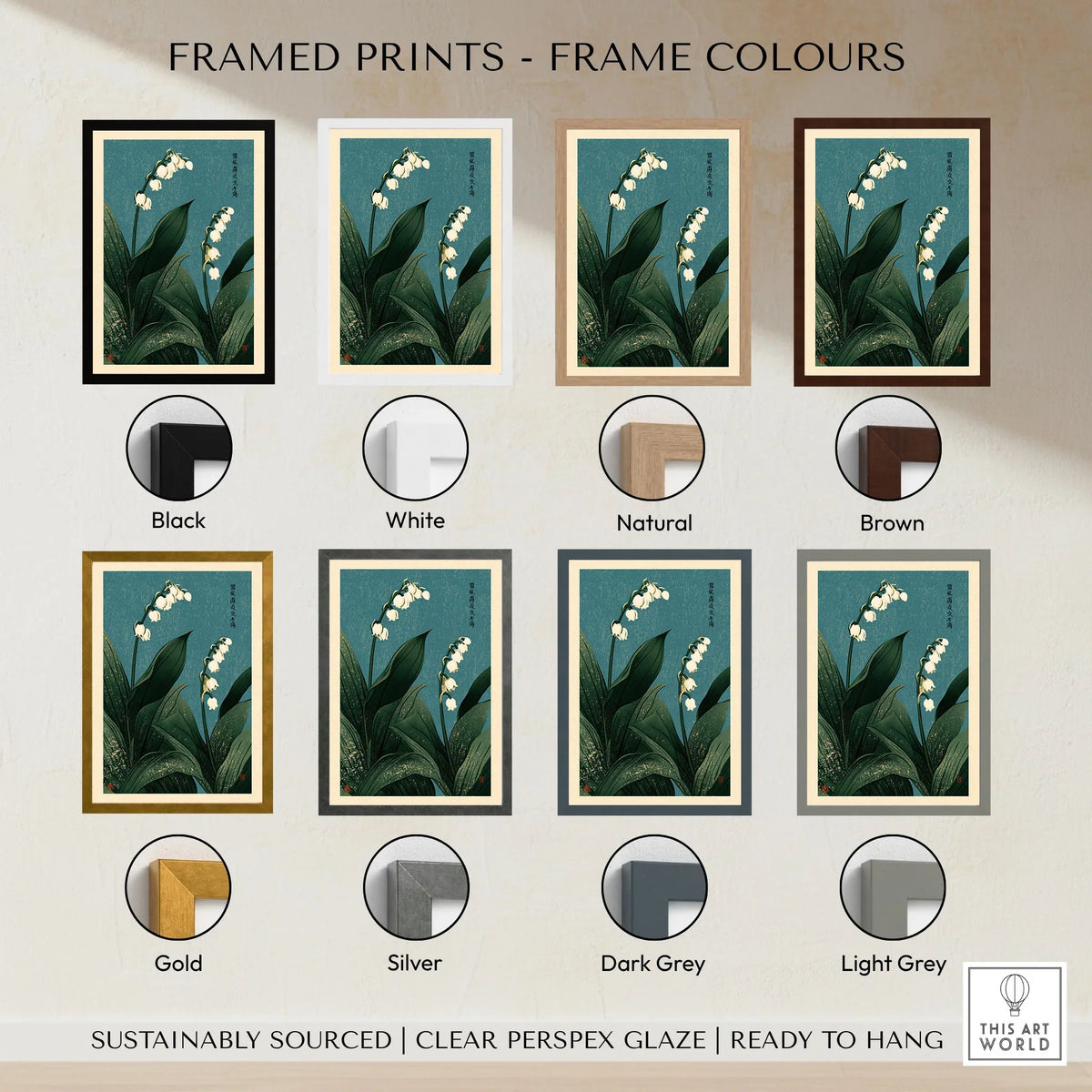Lily of the Valley Wall Art – Vintage Japanese Botanical Print — framed print colour options