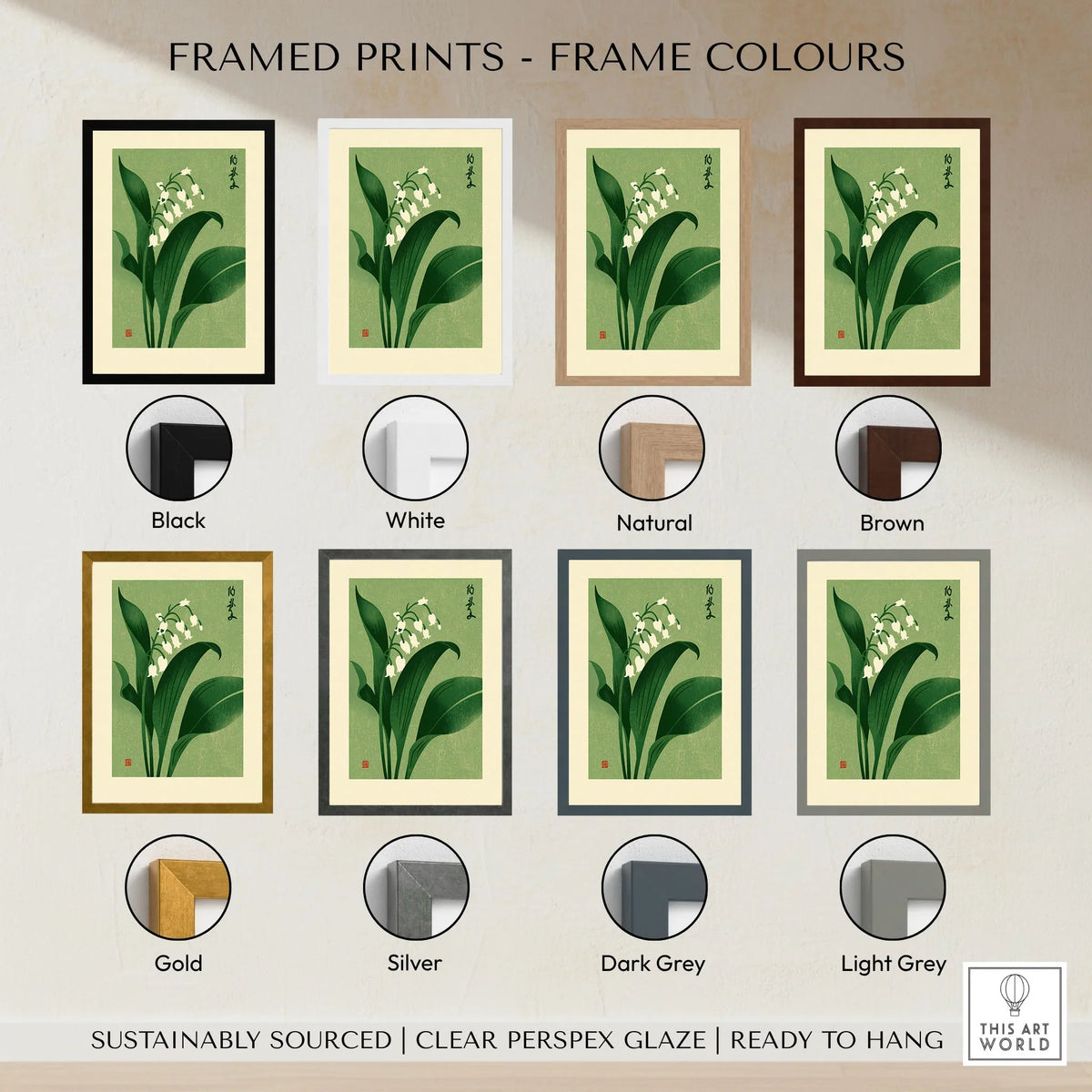 Lily of the Valley Art Print – Green Japanese Botanical Wall Art — framed print colour options
